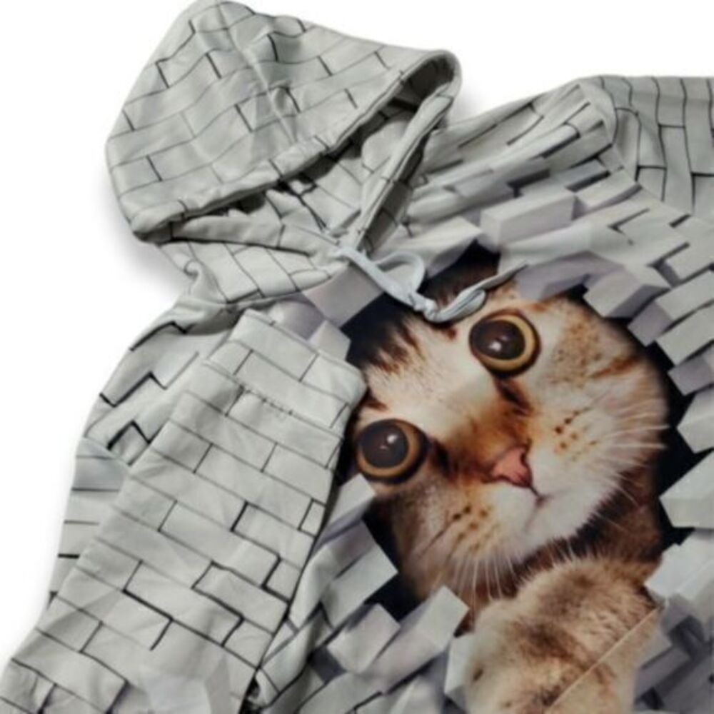 Unbranded Men's Large Kitten / Cat Breaking Through Brick Wall Hoodie Pullover